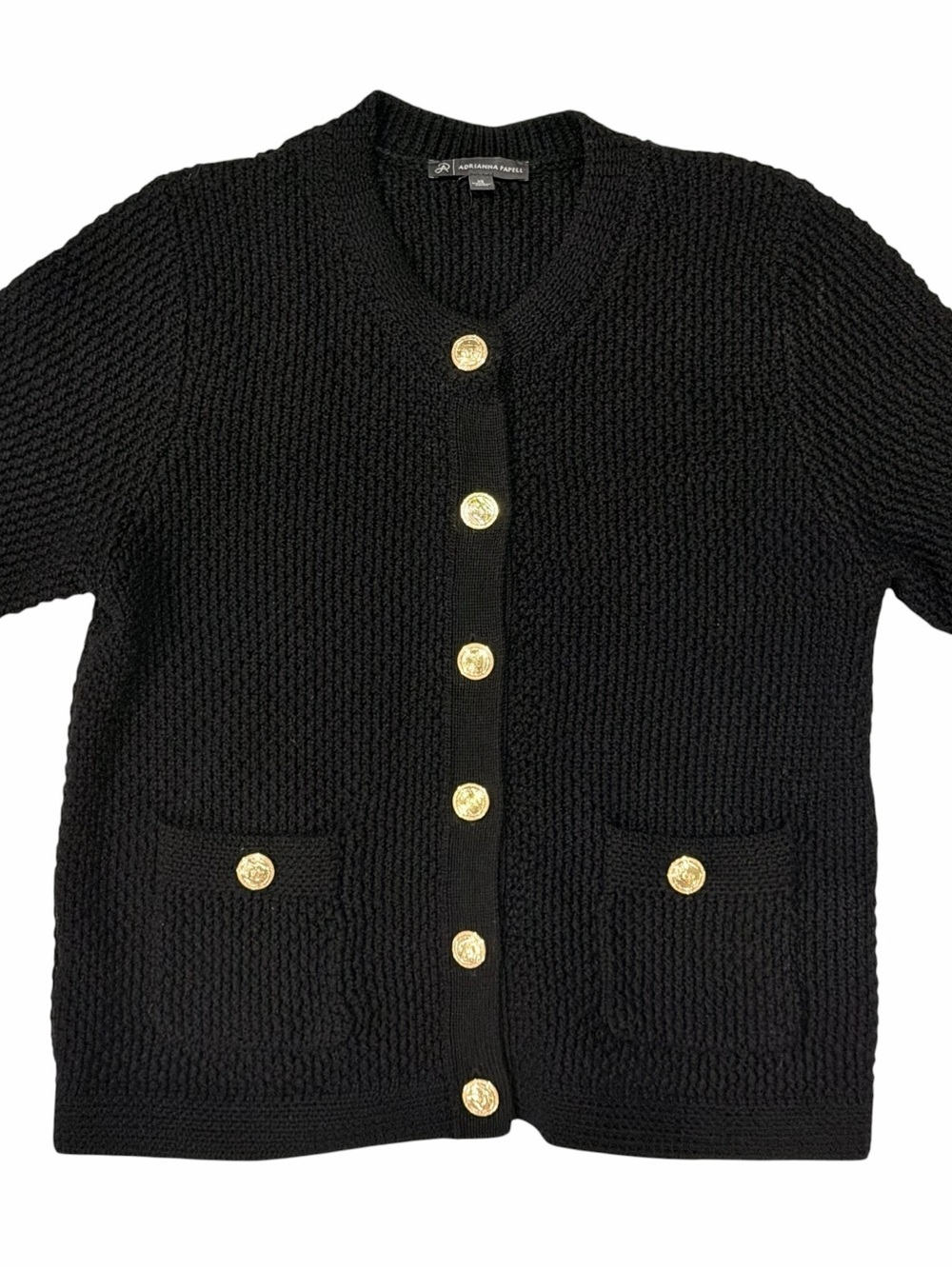 Adrianna Papell Short Sleeve Textured Knit Cardigan Black Gold Buttons Small - Picture 8 of 8